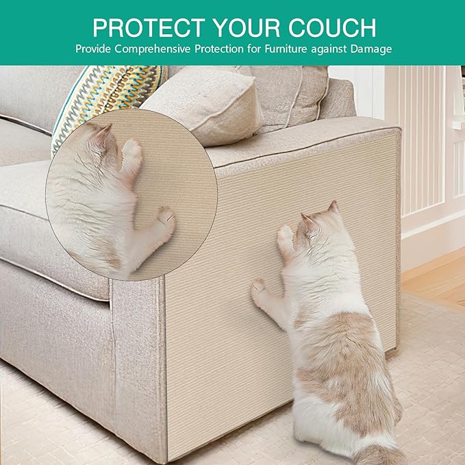 ORIA Cat Scratch Mat, Cat Wall Climbing Carpet, Trimmable Self-Adhesive Cat Scratch Furniture Protector, for Cat Tree, Cat Shelves, Indoor Cats Kitten, 1 Meter, Beige