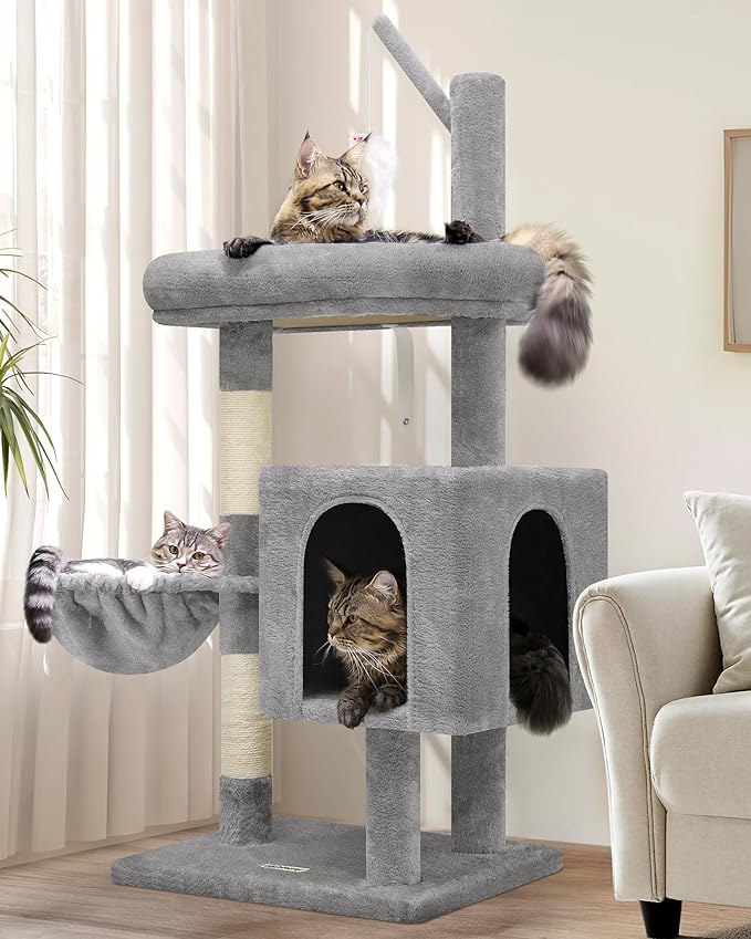 F46C Versatile Play Cat Tree Tower | 46-Inch Sturdy Cat Condo with Scratching Posts, Hammock, Multiple Platforms & Anti-Tip Kit for Large Multi-Cats | Premium Quality Materials, Light Gray