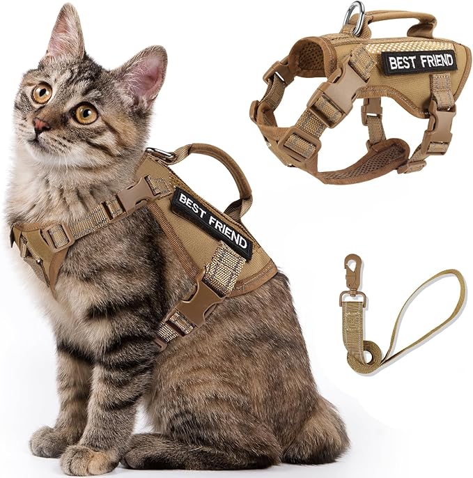 Tactical Cat Harness Leash, Air Mesh Cat Walking Vest Harness Escape Proof, Reflective Large Cat Harnesses with Handle for Adult Fat Cats (AKhaki, XL)