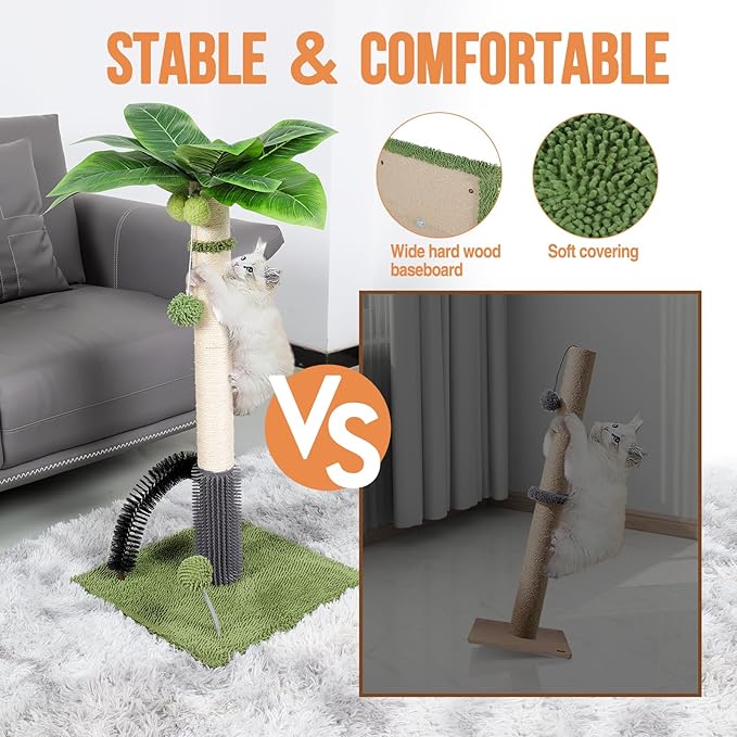 Topmart 29.5” Tall Cat Scratching Post for Large Indoor Cats, Sisal Scratching Post with Self Groomer and 2 Dangling Balls,Green