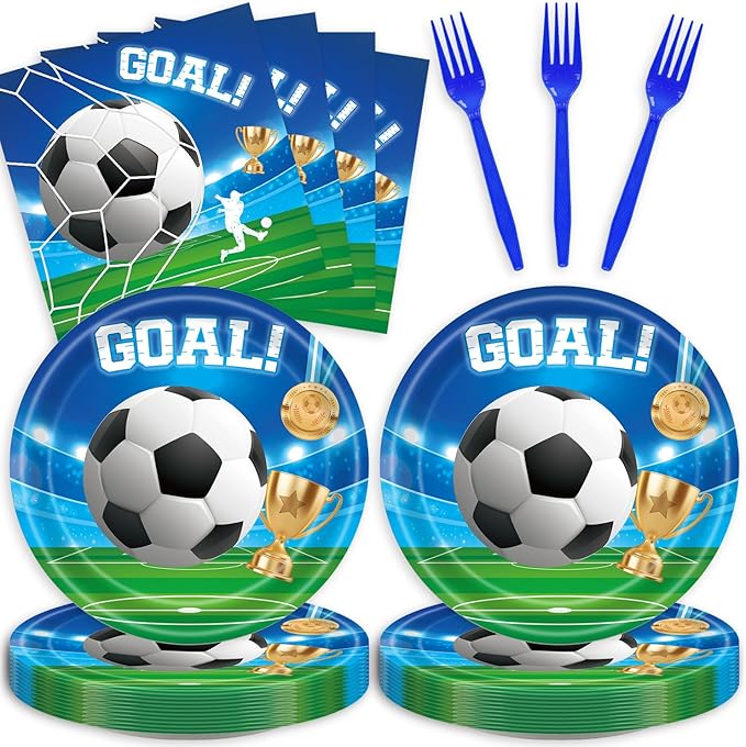 48Pcs Soccer Birthday Party Decorations Sports Theme Tableware Set Football Disposable Plates Napkins Forks Serves 16 Men’s Boy’s Soccer Birthday Party Decorations