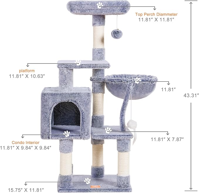 Heybly Cat Tree with Toy, Cat Tower condo for Indoor Cats, Cat House with Padded Plush Perch, Cozy Hammock and Sisal Scratching Posts, Pewter HCT004SPE