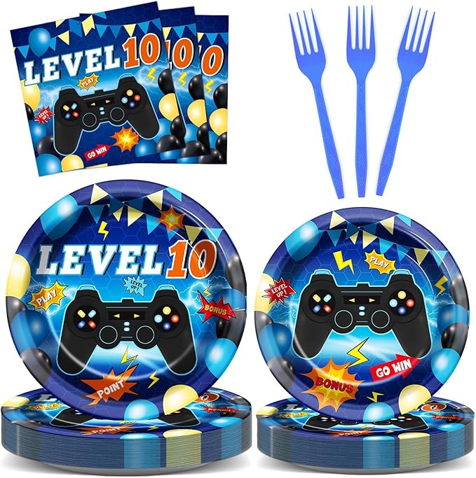 96Pcs 10th Birthday Video Game Party Supplies Blue 10th Plates and Napkins Tableware Set Level 10 Party Decorations for Boys Gamer Birthday 10 Year Old Party Favors for 24 Guests