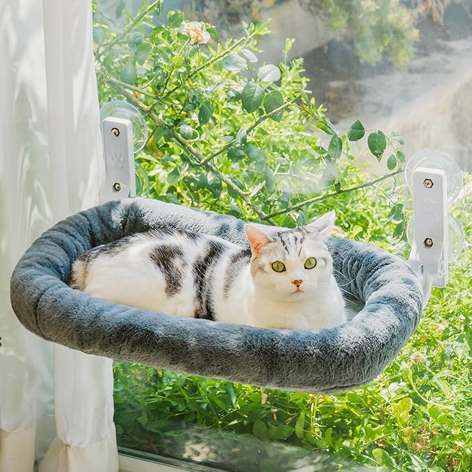 Mewoo Cat Window Perch, Cordless Cat Window Hammock with 4 Strong Suction Cups, Embeded Cat Hammock for Window, Steel Frame and Removable Soft Cover (Dark Grey, Medium)