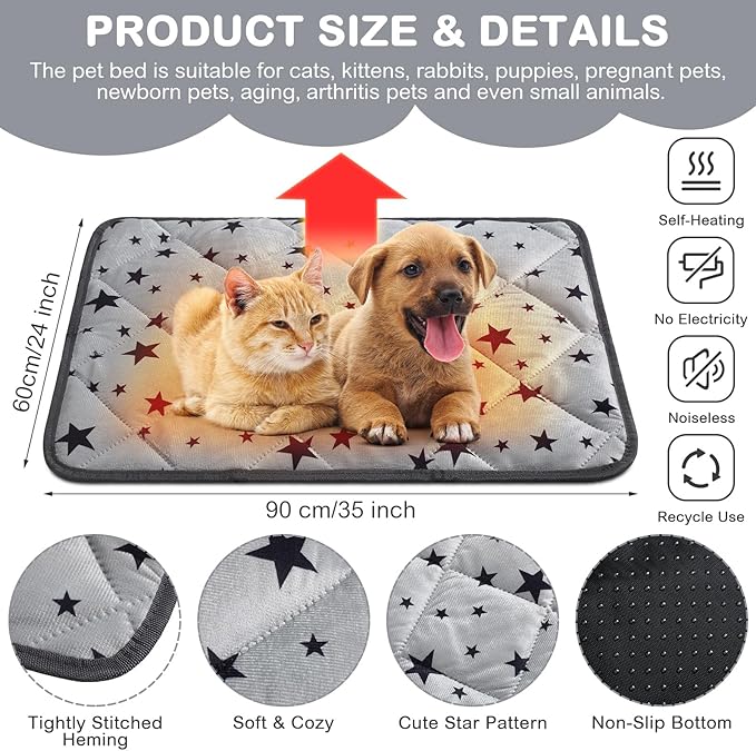 Self Warming Cat Bed Self Heating Dog Mat Star Pattern Warm Thermal Pet Pad Reflects Body Heat Washable Soft Puppy Crate Pad Anti Slip Kennel Mat Blanket for Indoor Pets(24 x 35 Inches)