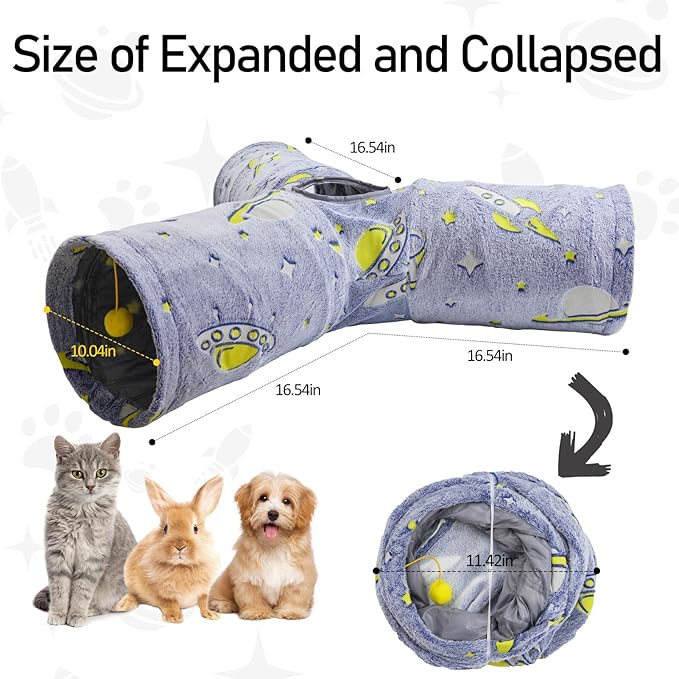 3-Way Plush Cat Tunnel Tube, Cat Toys Collapsible Tunnel Tube with Noctilucous Pattern and Cat Toy Ball, Cat Tunnel for Indoor, Suit for Rabbits, Kittens, Ferrets,Puppy and Dogs,Small Animals