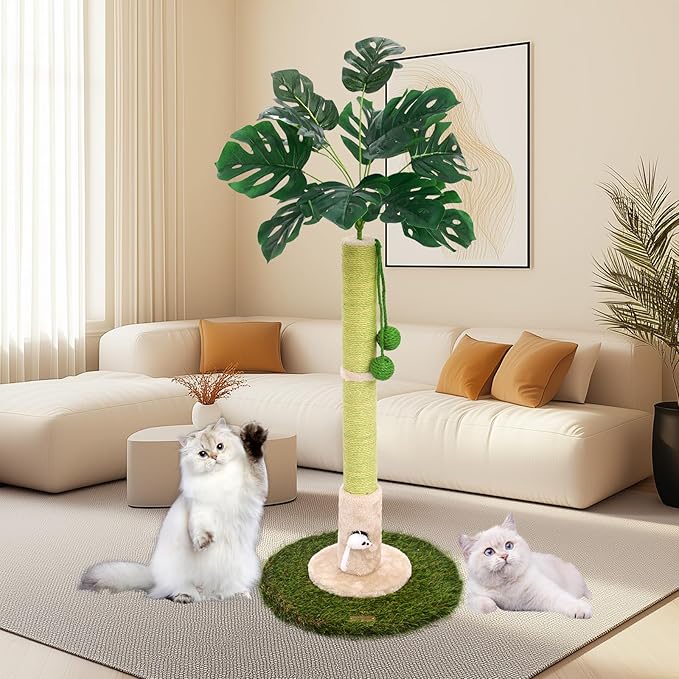 Cat Scratching Posts Cat Trees 35.43" Tall with Sisal Rope Cat Toy and Hanging Ball for Indoor,Wooden Palm Tree Cat Scratch Pole for All Cat (LightGreen)