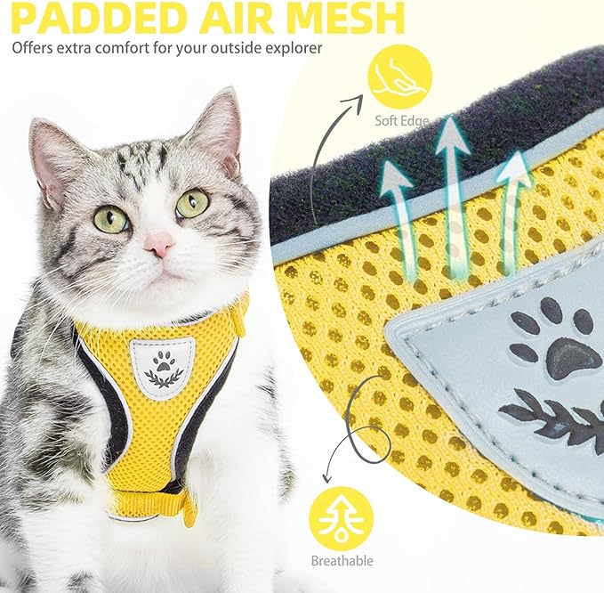 PUPTECK Cat Harness and Leash Set Escape Proof Reflective Cat Walking Harness Adjustable Soft Breathable Mesh Vest for Small Pets, Yellow, M