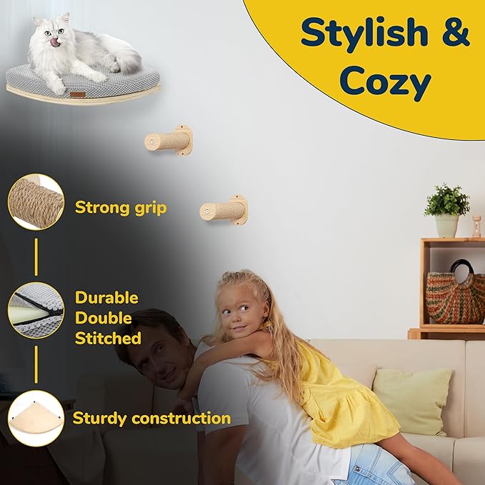 Corner Cat Wall Shelf, Wall Mount Cat Shelves with 2 Climbing Steps, Large Floating Cat Shelves for Wall, Wall Cat Bed Furniture and Perch for Indoor Cats (Wood Color)