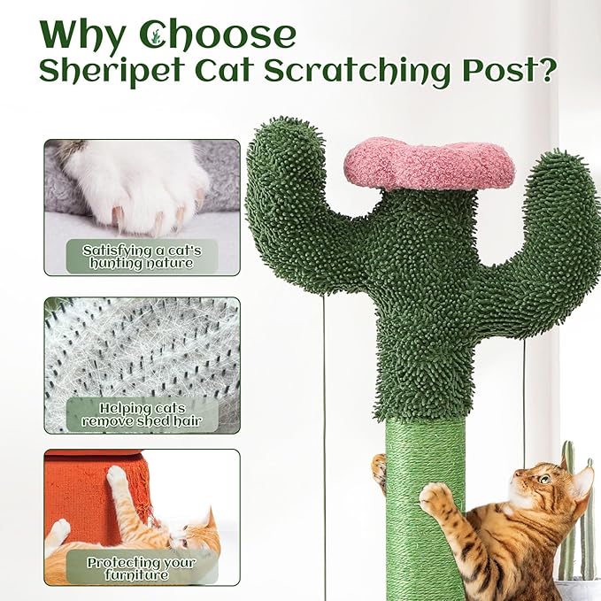37.8" Tall Cat Scratching Post, Cactus Flower Cat Scratch Post with Natural Sisal Rope, Ball Track and Self Groomer Brush, Cute Cat Scratching Posts for Indoor Cats Adults and Kitten