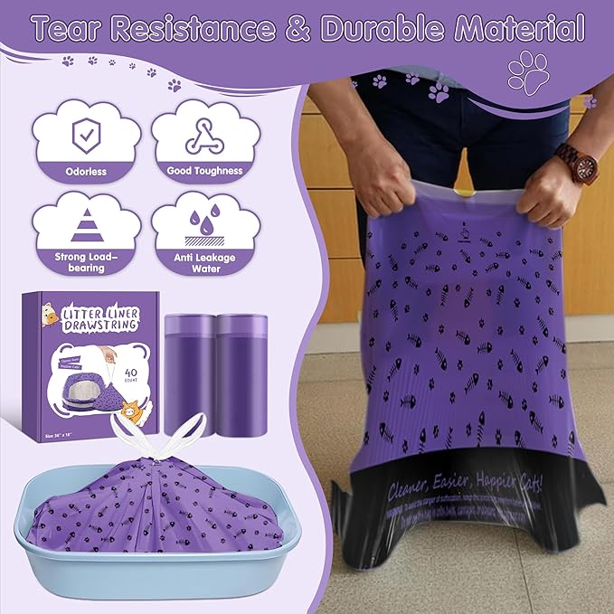 40 Count Cat Litter Box Liners Bags Large, Extra Durable Kitty Litter Box Waste Bags, Jumbo Drawstring Extra Thick Pet Cat Pan Liners - 36" x 18"