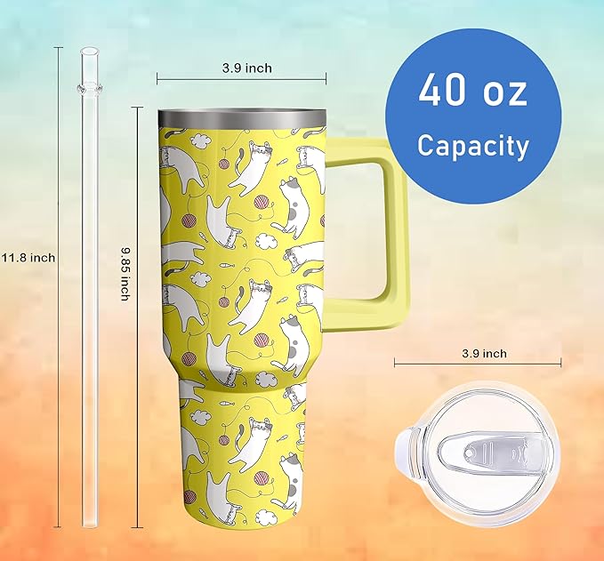 40oz Cute Cat Tumbler with Handle and Straw, Stainless Steel Insulated Cup with Lid, Travel Coffee Mug Water Bottle, Birthday Mothers Day Gifts for Women Men Animal Lovers