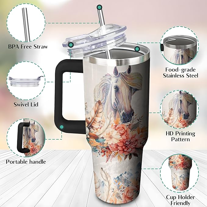 40 Oz Horse Tumbler with Straw and Handle, Double Wall Stainless Steel Horse Mugs for Horse Lovers, Horse Gifts for Women Insulated Horse Cups, 40 Oz Horse Coffee Cup Gifts for Horse Lovers Women