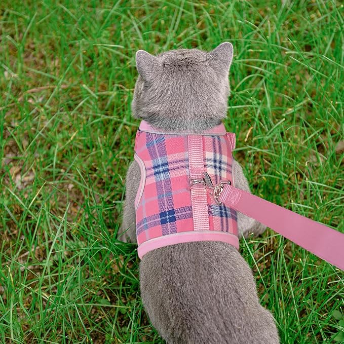PUPTECK Soft Mesh Cat Vest Harness and Leash Set Puppy Padded Pet Harnesses Escape Proof for Cats Small Dogs Rabbits Bunny, Plaid Pink, S