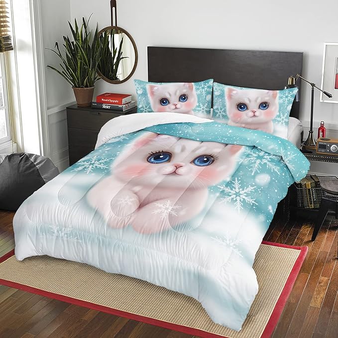 AILONEN Kawaii Cat Comforter Set Full Size, Snowflake Hairy Lovely Cat Bedding for Kids Girl and Toddler,Soft and Lightweight 3Pcs (1 Comforter + 2 Pillowcases) Blue