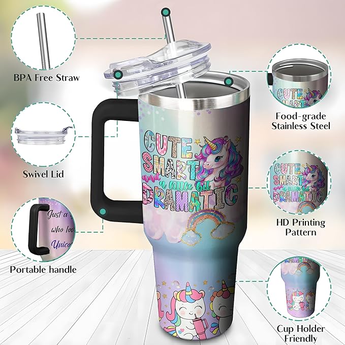 40 Oz Unicorn Tumbler with Handle and Straw, Unicorn Cup Double Wall Stainless Steel Unicorn Mug, Leak Proof Unicorn Water Bottles for Girls, 40 Oz Unicorn Insulated Cup and Unicorn Gifts for Women