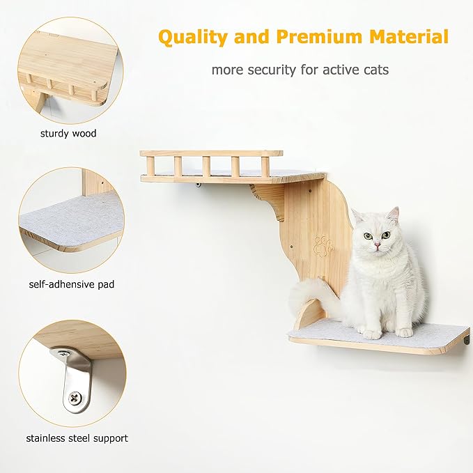 Wall Mounted Cat Shelves for Inside,2-Levels Wall Perch with Scratching Mat,Solid Pine Wood Floating Furniture for Climb,Lounge and Sleep (Left)
