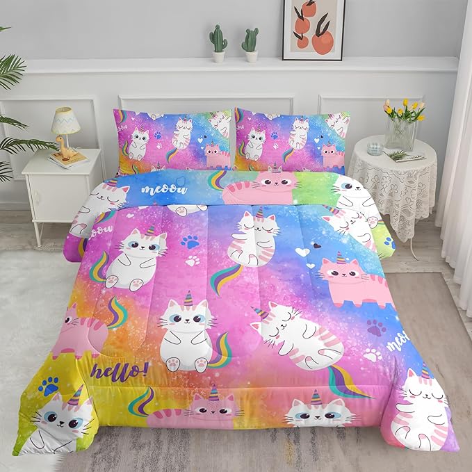 Axolotl Cat Bedding Full Cartoon Comforter Set, Rainbow Printed Kids & Adults Bedding Set, All Season, 1 Quilt 2 Pillow Cases, Colorful Pink Blue