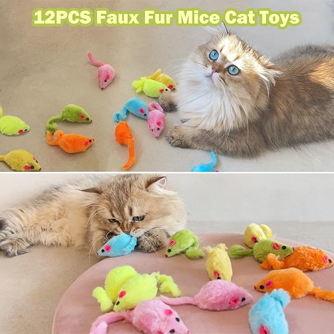 12PCS Cat Mouse Toy, Faux Fur Cat Mice Toys, 5.5” Realistic Size Mouse Toys for Cats, Rattle Cat Toy Mouse, Prefilled Catnip Mouse Cat Toy, Interactive Cat Toy for Bored Indoor Adult Cats