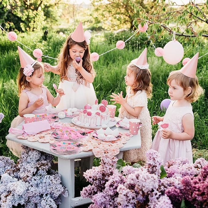 122 Pcs Cat Birthday Party Supplies Disposable Cat Themed Tableware Include 24 Dinner Plates 24 Dessert Plates 50 Paper Napkins 24 Forks Kitten Birthday Party Decoration for 24 Guests(Pink)