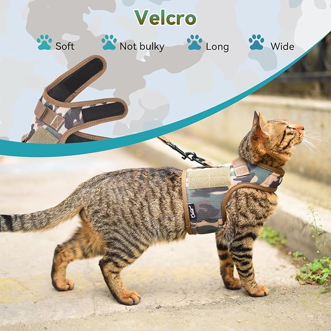 Tactical Cat Harness and Leash for Walking Escape Proof Breathable Mesh Fabric, Jungle Camo, Large, Adjustable Cat Walking Jackets, Padded Stylish Cat Vest