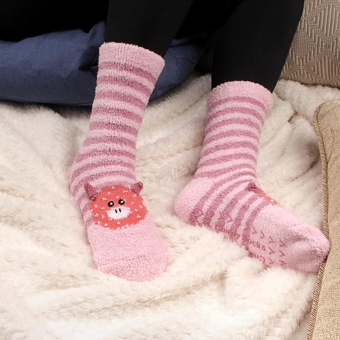 BambooMN Super Soft Warm Cute Women's Animal Non-Slip Fuzzy Fluffy Crew Winter Home Socks