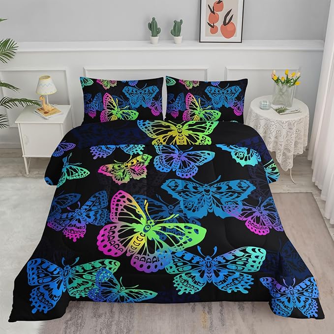 Axolotl Colorful Butterflies Bedding Set,Full Size Kids Bed Set,Gradient Butterfly Comforter Set,1 Quilt with 2 Pillowcases for Boys Girls Kids Teens Children Adults Room Decor All Season,Black