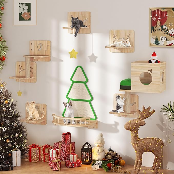 YITAHOME Christmas Solid Wood Cat Wall Shelves and Perches for Wall, Pine Wall Mounted Cat Tree 13 Piece Set, Cat Climbing Shelves with House, Mat, Christmas Tree Scratcher, Feeding Bowl for Cats