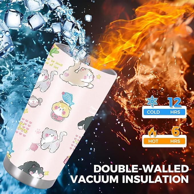 20 oz Stainless Steel Cat Tumbler, Coffee Cups with Lid, Tea Tumbler for Women Men, Cat Lover Christmas Birthday Gift for Women Girls