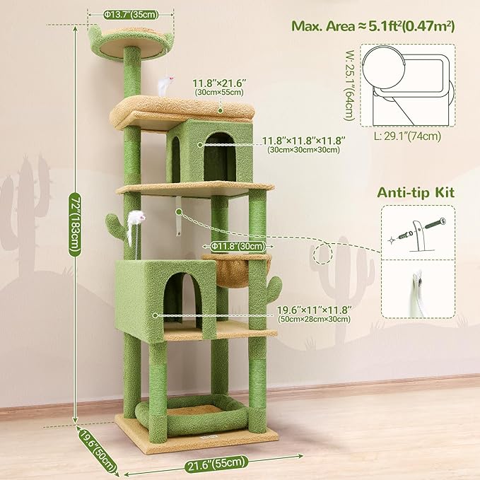 S72 Heavy Duty Cactus Cat Tree for Large Cats, Sturdy 72in Maine Coon Cat Tree for Large Cats 20 lbs+ Cactus Cat Tower for Adult Biggest Cats with 6 Scratching Posts, Hammock