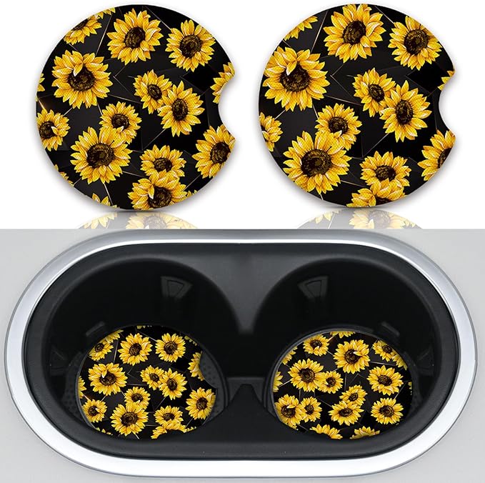 2 Pack 2.75" Sunflowers Coasters Absorbent for Women & Men Auto Drink Coasters Mats Vehicle Car Coaster for Interior Holder Accessory Insert Cars Cup Accessories