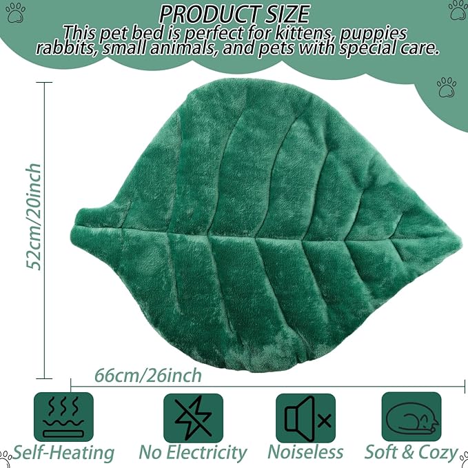 Leaf Shaped Self-Warming Cat Bed Mat – 26"x20" Cotton Pet Pad, Cat Blanket for Indoor Cats, Cat Lick Mat, Cat Heating Pad, Soft Kitten Cushion & Puppy Mattress (Green)