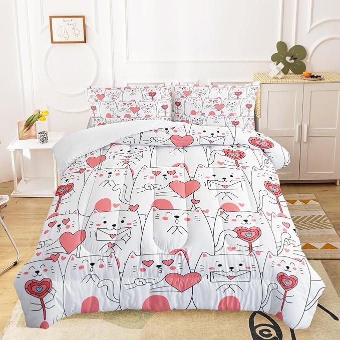 AILONEN Cute Cartoon Cat Comforter Set Full Size, Romantic Hearts Printed Kitted Bedding Set,Kids Girls Soft Microfiber Comforter with 2 Pillowcases,3-Piece for Bedroom