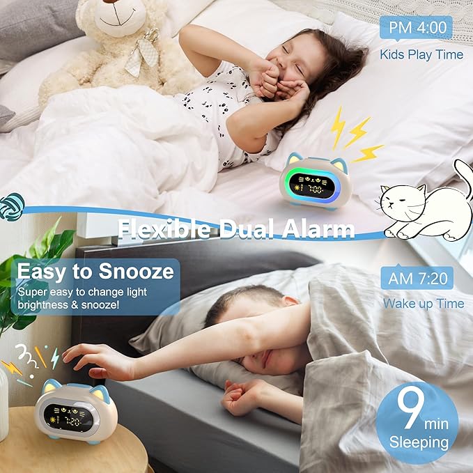 Alarm Clocks for Bedrooms, Kids Alarm Clock with Dual Alarm Snooze Mode 10 Color Night Light Sleep Training Eye Protection Auto Off Timer Blue Cat, Gift for Kids, Adults, Teens