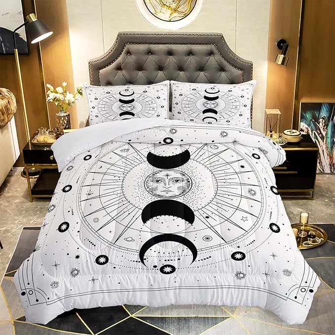 AILONEN Sun and Moon Comforter Set for Teens Boys Kids Girls, Galaxy Astrology Bedding Set Full Size,Bohemian Sun Moon Quilted Duvet,Galaxy Quilt,1 Comforter 2 Pillowcases 3 Piece