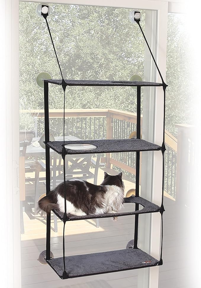 K&H Pet Products EZ Mount Window Sill Cat Bed, Cat Window Hammock, Sturdy Cat Window Perch for Large Cats, Cat Window Bed Cat Furniture, Cat Hammock for Window 4 Level Cat Perch Cat Shelf - Gray