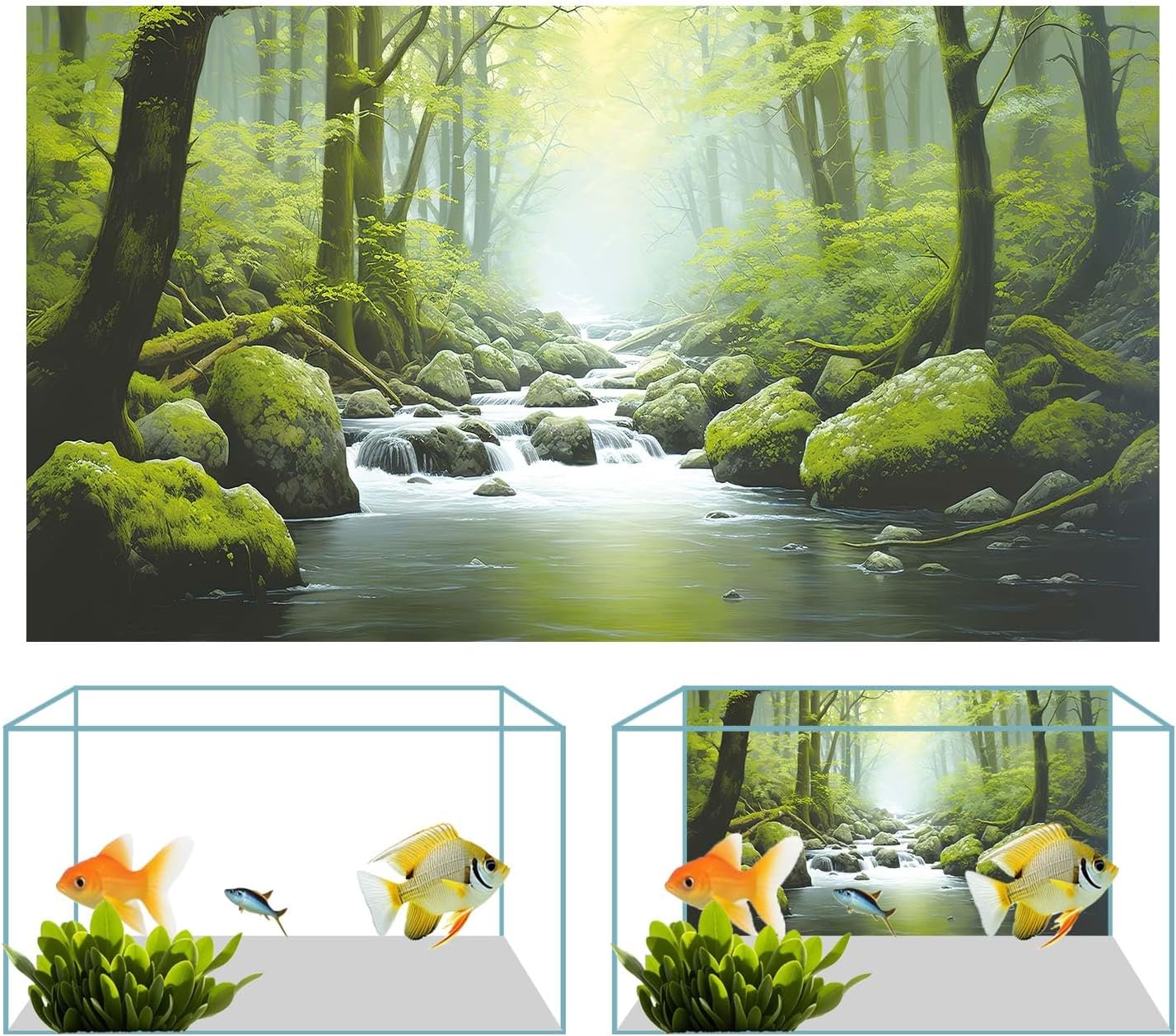 36X18IN Tropical Forest Terrarium Background, Natural Green Forest Tree Reptile Habitat Background, Misty Rainforest Aquarium Background, with 8 EVA Double-Sided Tape
