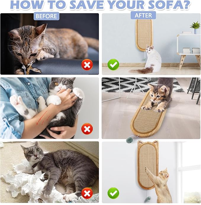 Cat Wall Scratching Post, Sisal Cat Wall Scratcher with Cat Ball Toy, Folding Wall Mount Cat Scratcher, Wood Cat Scratching Board for Couch Protector, Cat Wall Furniture for Cats