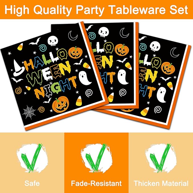 96 Pcs Halloween Paper Plates and Napkins Forks, Disposable Party Dessert Tableware Supplies Decorations Birthday Table Dinnerware Favors Set, Serves 24