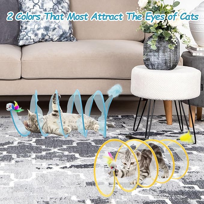 2 Packs Cats Tunnel Toys, Folded Cats Tunnels for Indoor Cats Tubes Played Tunnel Spring, Collapsible Pet Bed, Interactive Toy with Toys Feather Mouse for Kitten Yellow, Blue
