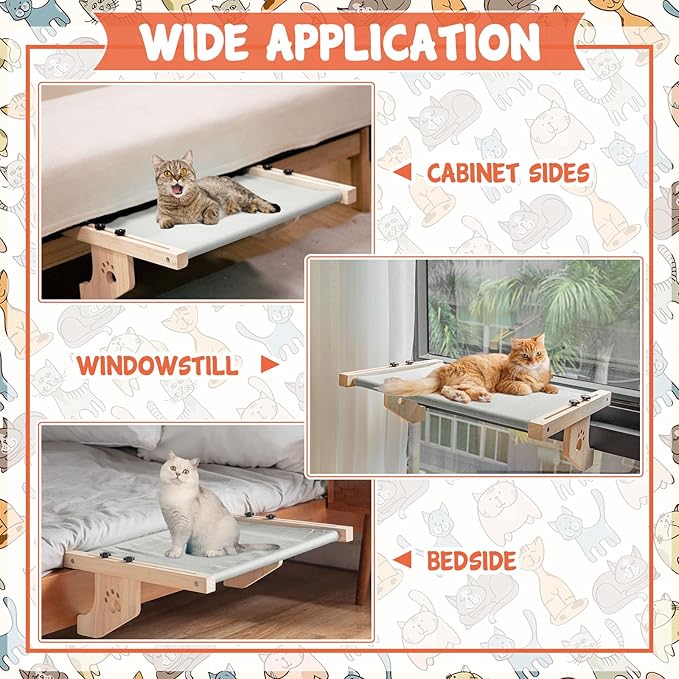 Pinkunn 2 Set Cat Window Sill Perch Adjustable Wood Small Cat Window Hammock Window Seat Cat Bed Windowsill Cat Shelf Indoor Kitty Cat Window Ledge Seat for Bedside Cabinet, Heavy Duty 33 Lbs (Gray)