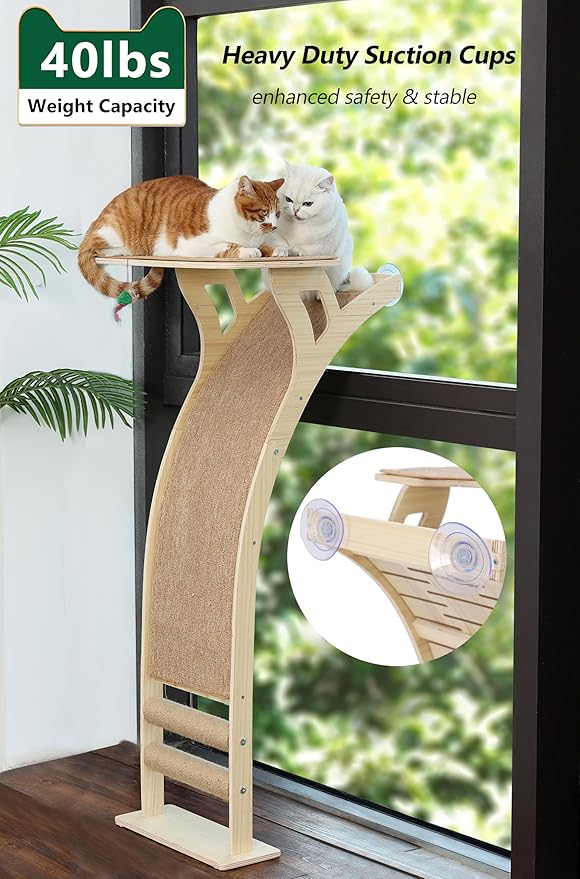 Cat Window Perch with Scratcher Ramp, 48" Climbing Tree Suctions Cups to Window Maximum Hold Up to 45lb, Wood Window Shelf for Small Medium Indoor Cats