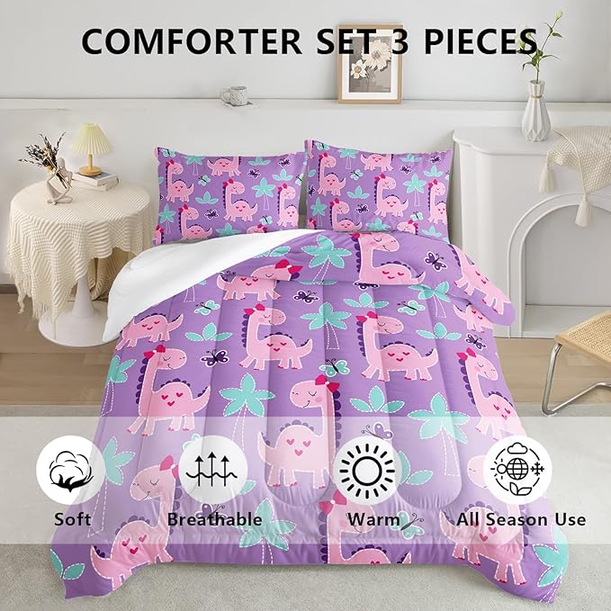 Axolotl Cute Dinosaur Comforter Set Full Size,Girls Bedding Cartoon Dinosaur Bedding Set for Girls Teens Kids Boys Adults Room Decor,Kids Comforter Set All Season,1 Quilt 2 Pillow Cases,Purple