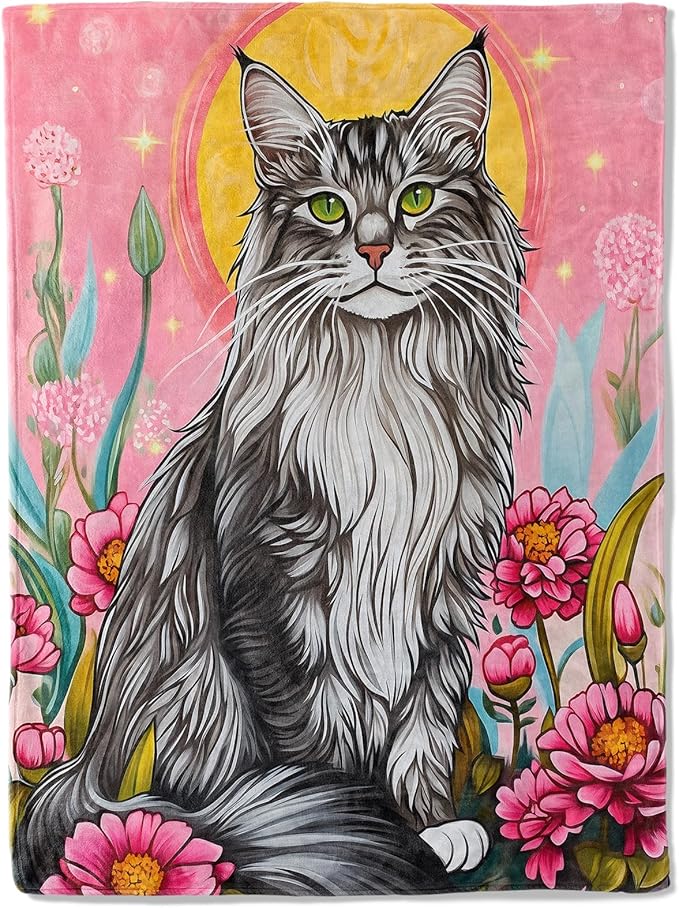 Aesthetic Maine Coon Cat Blanket - Super Soft, Cozy, Lightweight Flannel Throw - Warm, Plush Blanket for Couch, Bed, Office, Travel, Outdoor Ideal Gift for Adult - 80×60in