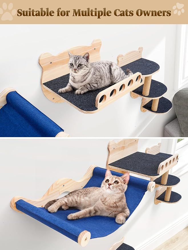 Cat Wall Shelves, Cat Wall Furniture Cat Shelves & Perches for Wall Climbing Cat Wall Steps Set Cat Wall Climber with Cat Hammock, Cat Perch, Sisal Cat Scratching Post
