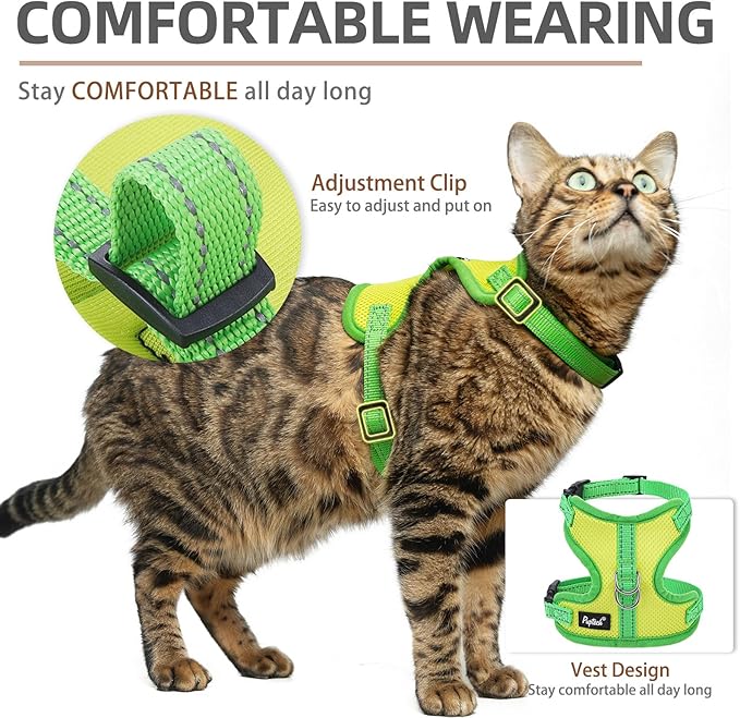 PUPTECK Cat Harness and Leash Set Escape Proof, Reflective Adjustable Soft Mesh Kitten Vest Harness for Walking Travel, Green, M