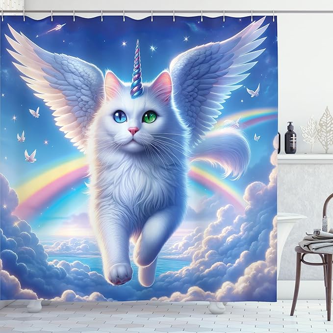 Ambesonne Cat Shower Curtain, Pegasus Like White Kitty with a Unicorn Horn Flying Over Clouds Rainbows Sky, Cloth Fabric Bathroom Decor Set with Hooks, 69" W x 75" L, Azure Blue Pale Pink