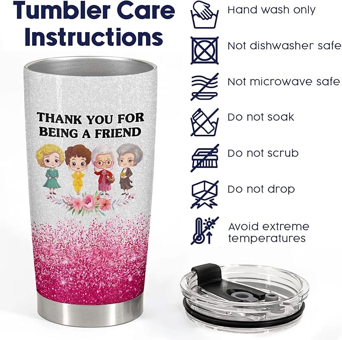 34HD Golden Tumbler 20oz – Thank You for Being a Friend – Double Wall Vacuum Insulated Stainless Steel Cup – Keeps Drinks Hot or Cold – Glitter Travel Mug Gift for Women & Friends