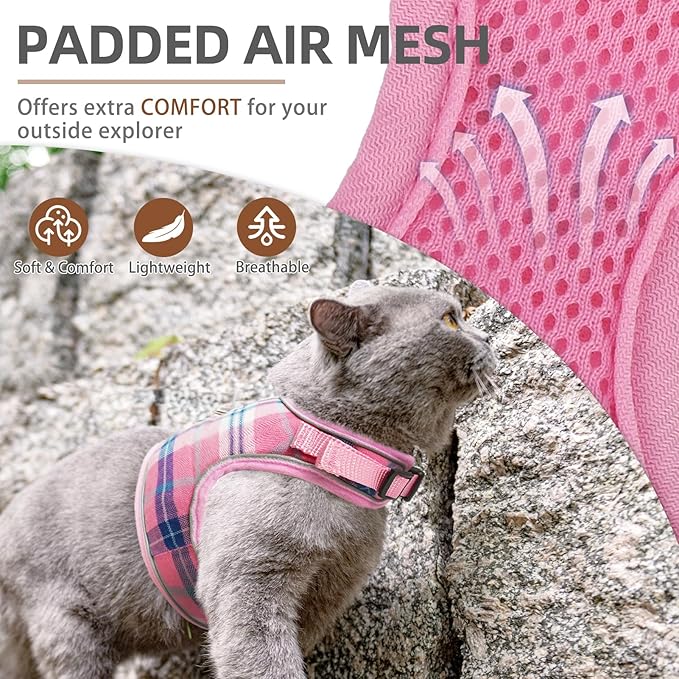 PUPTECK Soft Mesh Cat Vest Harness and Leash Set Puppy Padded Pet Harnesses Escape Proof for Cats Small Dogs Rabbits Bunny, Plaid Pink, M