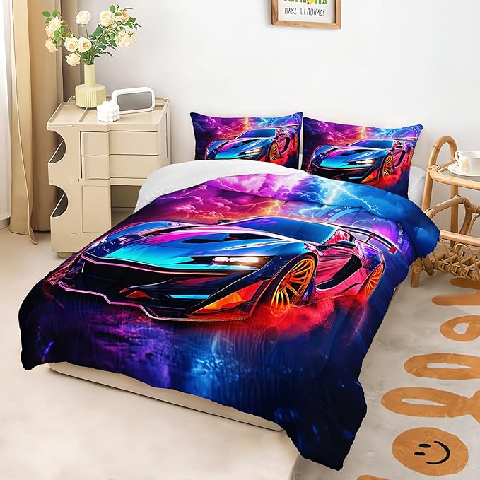 AILONEN Kids Race Car Bedding Set Queen Size,Red and Blue Speed Extreme Sport Racing Car Comforter Set for Boys Teen,3 Piece Soft Racer Duvet with 2 Pillowcases